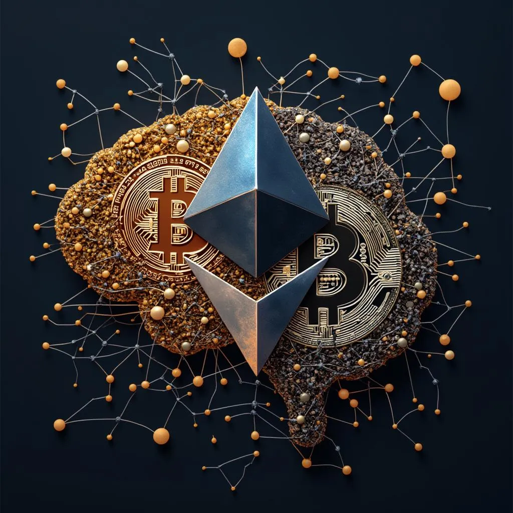 Symboles de cryptomonnaies et IA fusionnés